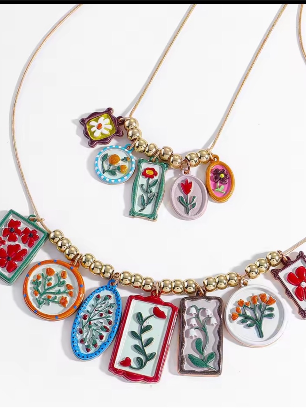 Floral Charm Multicolor Gold-Bead Pendant Necklace
